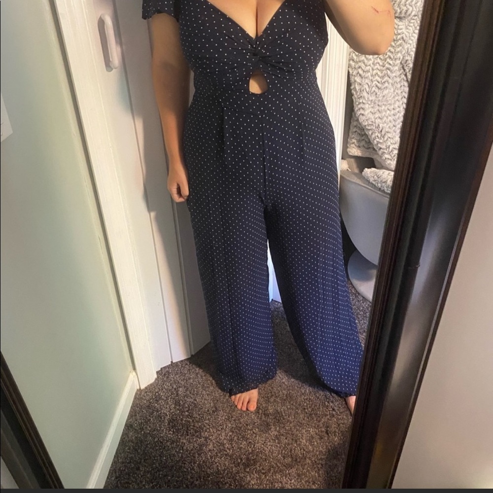 NWT Francesca’s blue and white polka dot jumpsuit